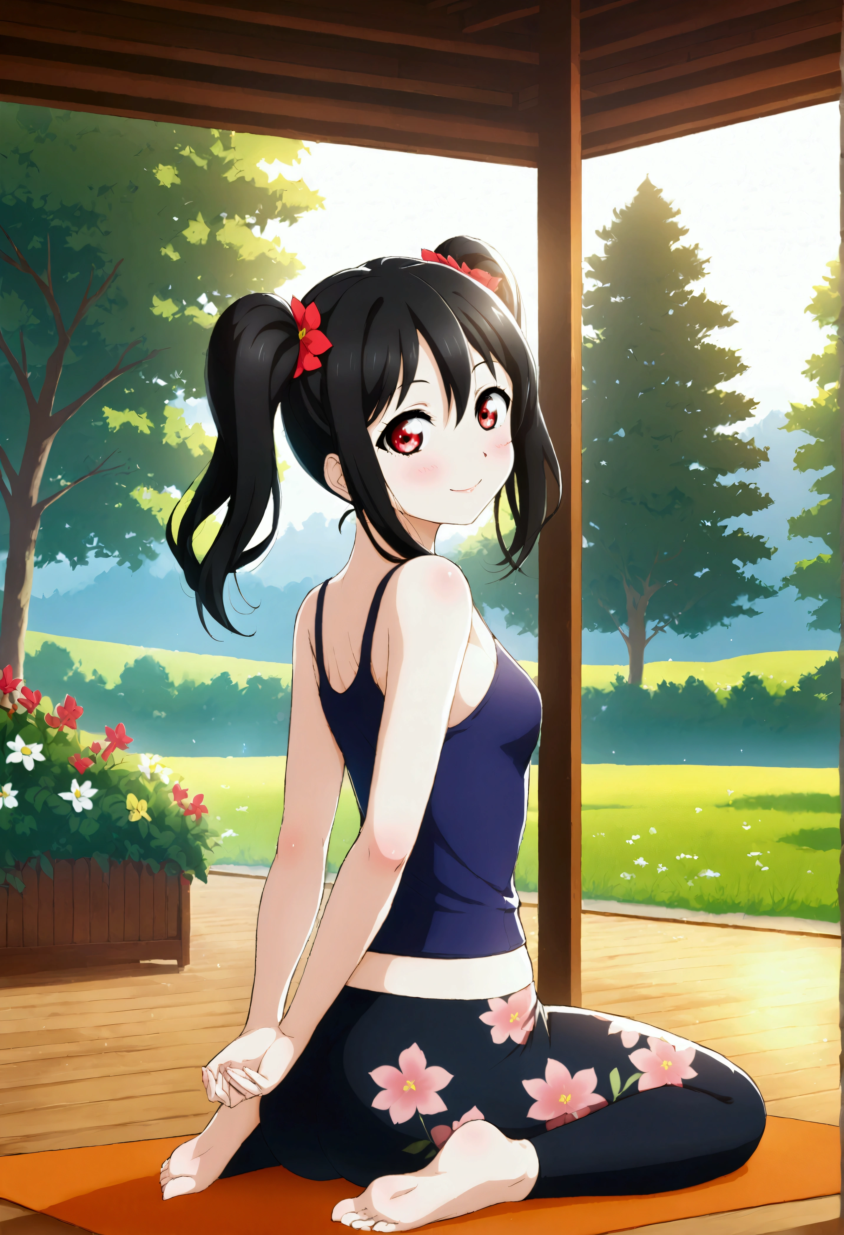 masterpiece, best quality, from behind,yazawa nico, black hair, twintails, red eyes, volumetric lighting, illustration, beautiful, tight , Blushing, breasts, looking at viewer, flowers printed tank top, yoga pants,solo, curvy body,floral print, looking back, seductive smile, (arms behind back, head tilt:1.1),(breathtaking scenery:1.1), tree, blushing full body shot