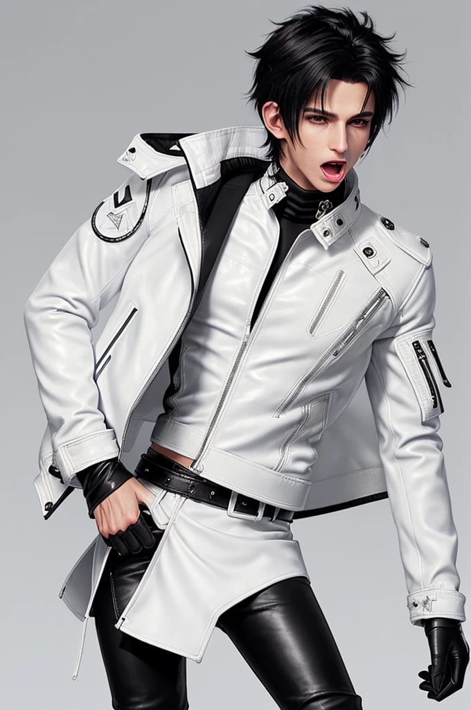 Final fantasy taste and reality graphics, Japanese young cute and cool ikemen boy, his age is early 20s, thin eyebrows and beady eyes, ((he wearing off white color leather thick material jacket)), ((jacket is singlebrest)), biker style jacket, with epaulet, jacket is long sleeve, ((must close the front of the leather jacket)), , ((voluminous leather jacket)), ,((must jacket is high length and stand-up collar)) ((jacket collar with two belts)), ((jacket is a little black color line pattern)),((close the front of the jacket)), ((also wearing black thick material turtleneck lackluster shirts)), ((tight black leather pants)), ((black leather tight and thin glove)), ((black leather knee-high raceup boots)),((must views head-to-toe)),((must views whole body)), ,((Do not show skin from the neck down)),leather jacket leather glove and leather pants have few wrinkles, Avoid showing your innerwear,zip up jacket fastner.must put on a leather glove.
Bous face is expression of ecstasy.
Boy is black hair.boy looks like fashion model.
((Boy gagged wrap mouth))