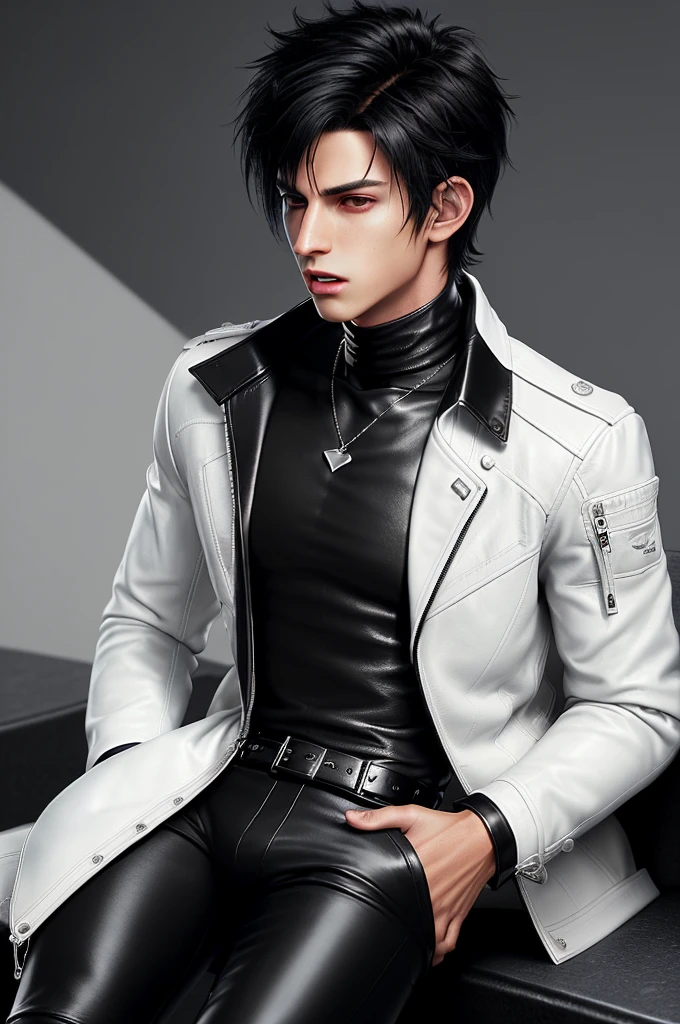 Final fantasy taste and reality graphics, Japanese young cute and cool ikemen  boy, his age is early 20s, thin eyebrows and beady eyes,  ((he wearing off white color leather  thick material jacket)), ((jacket is singlebrest)), biker style jacket, with epaulet, jacket is long sleeve, ((must close the front of the leather jacket)), , ((voluminous leather jacket)), ,((must jacket is high length and stand-up collar)) ((jacket collar with two belts)), ((jacket is a little black color line pattern)),((close the front of the jacket)), ((also wearing black thick material turtleneck lackluster shirts)),  ((tight black leather pants)),  ((black leather tight and thin glove)), ((black leather knee-high raceup boots)),((must views  head-to-toe)),((must views whole body)), ,((Do not show skin from the neck down)),leather jacket leather glove and leather pants have few wrinkles, Avoid showing your innerwear,zip up jacket fastner.must put on a leather glove.
Bous face is expression of ecstasy.
Boy is black hair.boy looks like fashion model.
((Boy gagged wrap mouth)) 