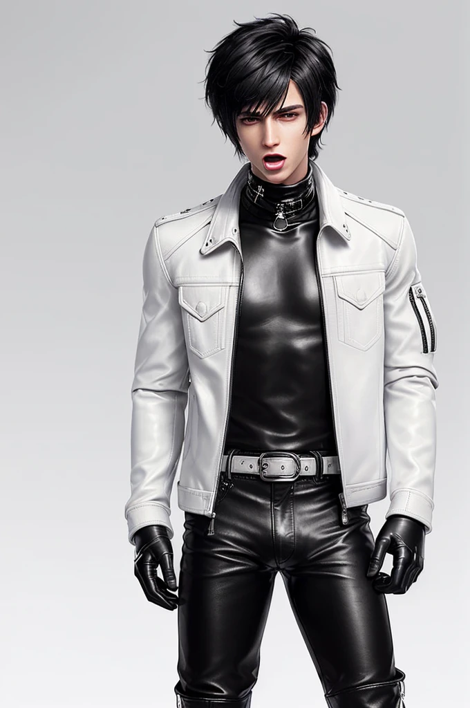 Final fantasy taste and reality graphics, Japanese young cute and cool ikemen boy, his age is early 20s, thin eyebrows and beady eyes, ((he wearing off white color leather thick material jacket)), ((jacket is singlebrest)), biker style jacket, with epaulet, jacket is long sleeve, ((must close the front of the leather jacket)), , ((voluminous leather jacket)), ,((must jacket is high length and stand-up collar)) ((jacket collar with two belts)), ((jacket is a little black color line pattern)),((close the front of the jacket)), ((also wearing black thick material turtleneck lackluster shirts)), ((tight black leather pants)), ((black leather tight and thin glove)), ((black leather knee-high raceup boots)),((must views head-to-toe)),((must views whole body)), ,((Do not show skin from the neck down)),leather jacket leather glove and leather pants have few wrinkles, Avoid showing your innerwear,zip up jacket fastner.must put on a leather glove.
Bous face is expression of ecstasy.
Boy is black hair.boy looks like fashion model.
((Boy gagged wrap mouth))