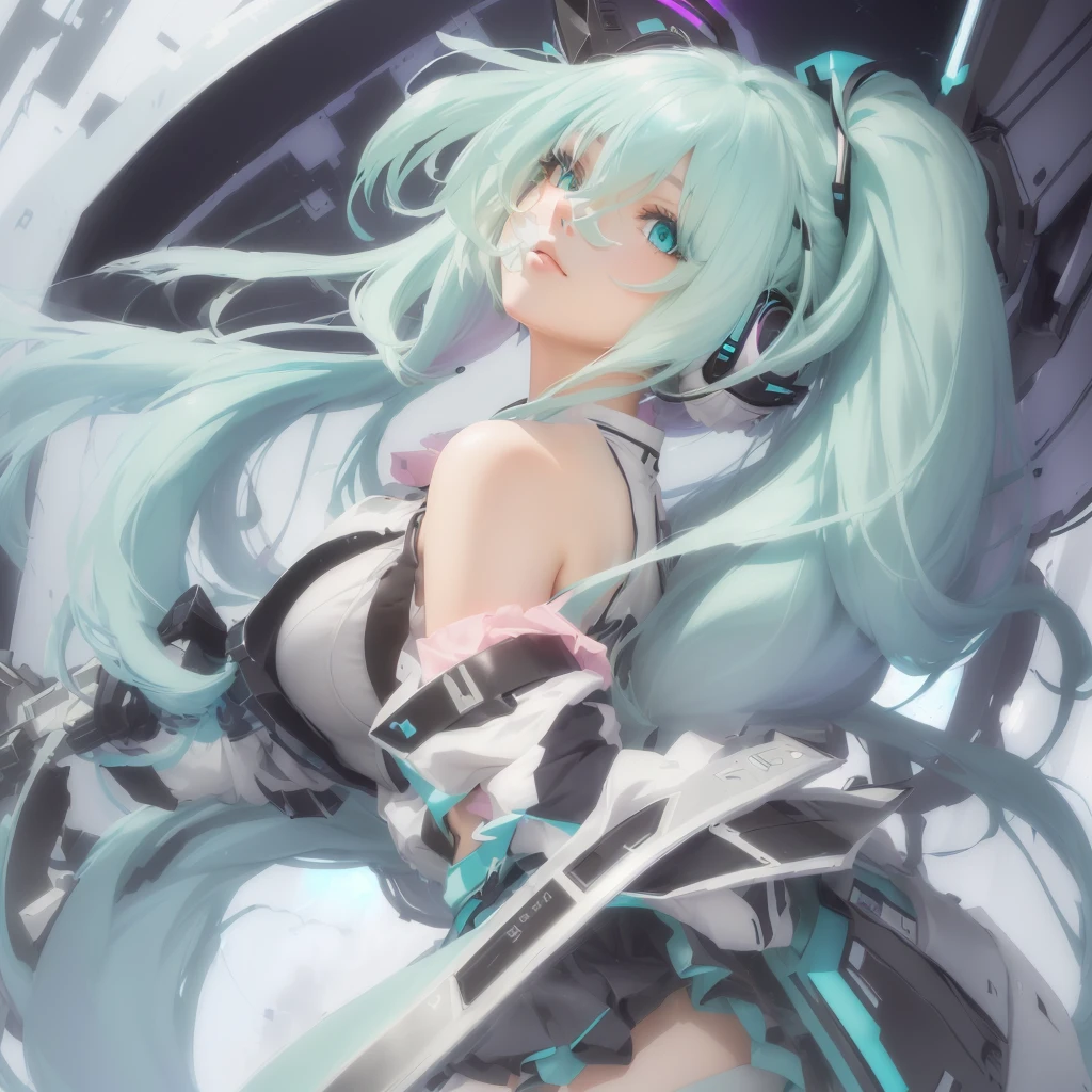 Anime girl with long green hair and blue eyes with sword, Best anime 4k konachan wallpaper, Anime Art Wallpapers 8K, anime art wallpaper 4k, anime art wallpaper 4k, Mikudayo, anime wallpaper 4k, anime wallpaper 4k, Anime Style 4k, Turquoise hair anime girl, 4k anime wallpaper, ゼロチャンアートLet's start with a base illustration of a young female character.
Adjust the hair color to Hatsune Miku's iconic turquoise blue.
Style the hair to be very long, reaching below the waist, in twin tails. Ensure the twin tails are evenly balanced and neatly wrapped at the top.
Give the hair a glossy appearance and a slightly voluminous texture.
Create a youthful and cute facial expression with large, expressive eyes. The eye color should be a bright shade of blue.
Give her a characteristic slim and  body frame.
Remove the distinctive outfit consisting of a sleeveless top, tie, and pleated skirt. Include shades of teal and black in the color scheme.
Include signature accessories such as a futuristic headset, microphone, and detachable sleeves.
Optionally, add knee-high boots or thigh-high socks in matching color tones.
Provide a background that complements the aesthetic, such as a futuristic cityscape or a concert stage with colorful lights.
Please note that due to the complexity of the instructions, it may be challenging for an AI to accurately generate an image based on the exact specifications provided.
Please draw it in a sketch-like style, resembling an idea sketch.
A drawing that looks like it was done with a pencil. A picture drawn in a messy manner. A drawing done with hesitation.Soft Joints - Dancer's Joints - Twisting the Hips Dramatically - No Use of Black in Outlines - Pink Illumination - Lowered Gaze - Slender Eyes - Puffy Cheeks - Visible Abdominal Skin - Hair Color is Aqua - Hair Doesn't Turn Green - Employing Light Pastel Colors for Outlines.