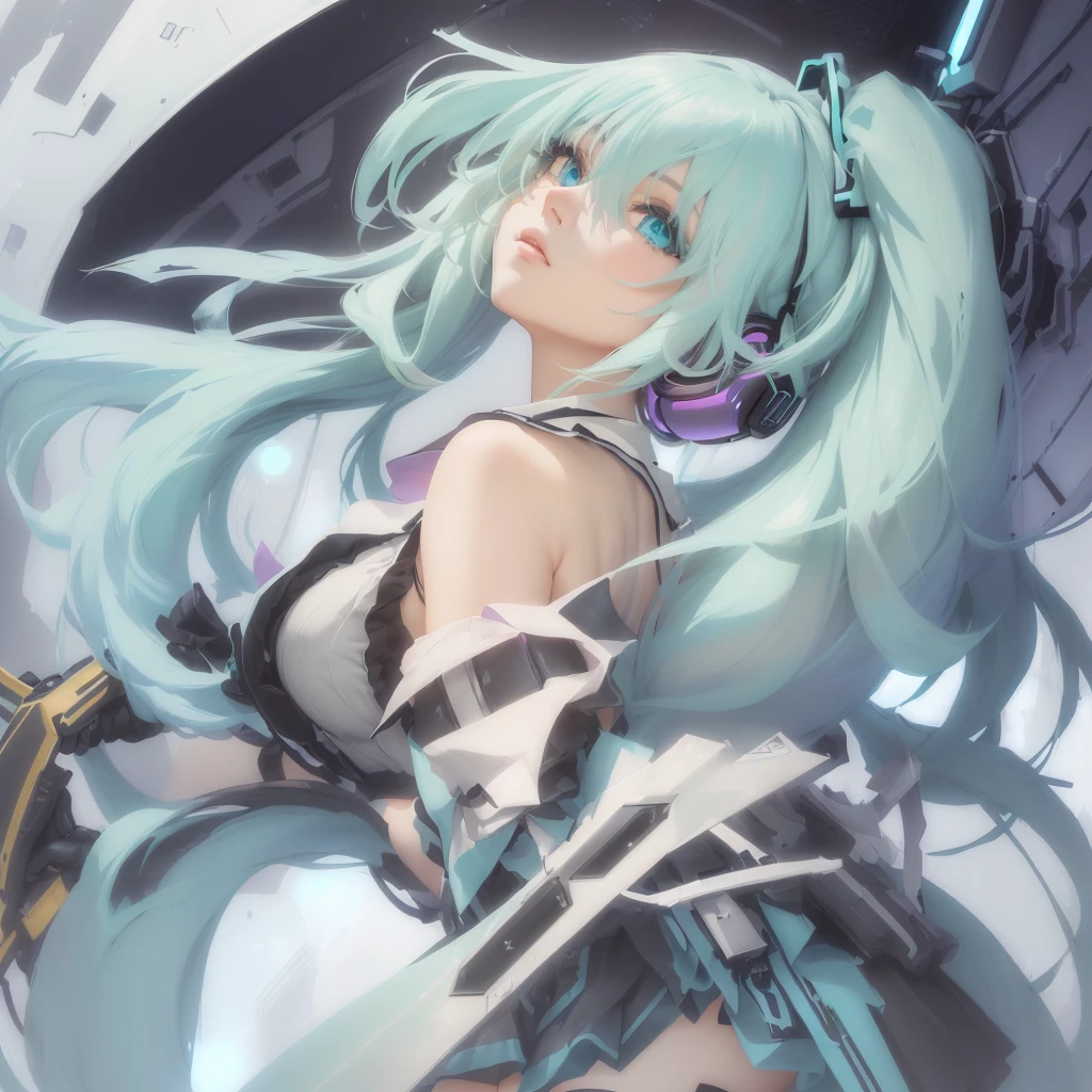 Anime girl with long green hair and blue eyes with sword, Best anime 4k konachan wallpaper, Anime Art Wallpapers 8K, anime art wallpaper 4k, anime art wallpaper 4k, Mikudayo, anime wallpaper 4k, anime wallpaper 4k, Anime Style 4k, Turquoise hair anime girl, 4k anime wallpaper, ゼロチャンアートLet's start with a base illustration of a young female character.
Adjust the hair color to Hatsune Miku's iconic turquoise blue.
Style the hair to be very long, reaching below the waist, in twin tails. Ensure the twin tails are evenly balanced and neatly wrapped at the top.
Give the hair a glossy appearance and a slightly voluminous texture.
Create a youthful and cute facial expression with large, expressive eyes. The eye color should be a bright shade of blue.
Give her a characteristic slim and body frame.
Remove the distinctive outfit consisting of a sleeveless top, tie, and pleated skirt. Include shades of teal and black in the color scheme.
Include signature accessories such as a futuristic headset, microphone, and detachable sleeves.
Optionally, add knee-high boots or thigh-high socks in matching color tones.
Provide a background that complements the aesthetic, such as a futuristic cityscape or a concert stage with colorful lights.
Please note that due to the complexity of the instructions, it may be challenging for an AI to accurately generate an image based on the exact specifications provided.
Please draw it in a sketch-like style, resembling an idea sketch.
A drawing that looks like it was done with a pencil. A picture drawn in a messy manner. A drawing done with hesitation.Soft Joints - Dancer's Joints - Twisting the Hips Dramatically - No Use of Black in Outlines - Pink Illumination - Lowered Gaze - Slender Eyes - Puffy Cheeks - Visible Abdominal Skin - Hair Color is Aqua - Hair Doesn't Turn Green - Employing Light Pastel Colors for Outlines.