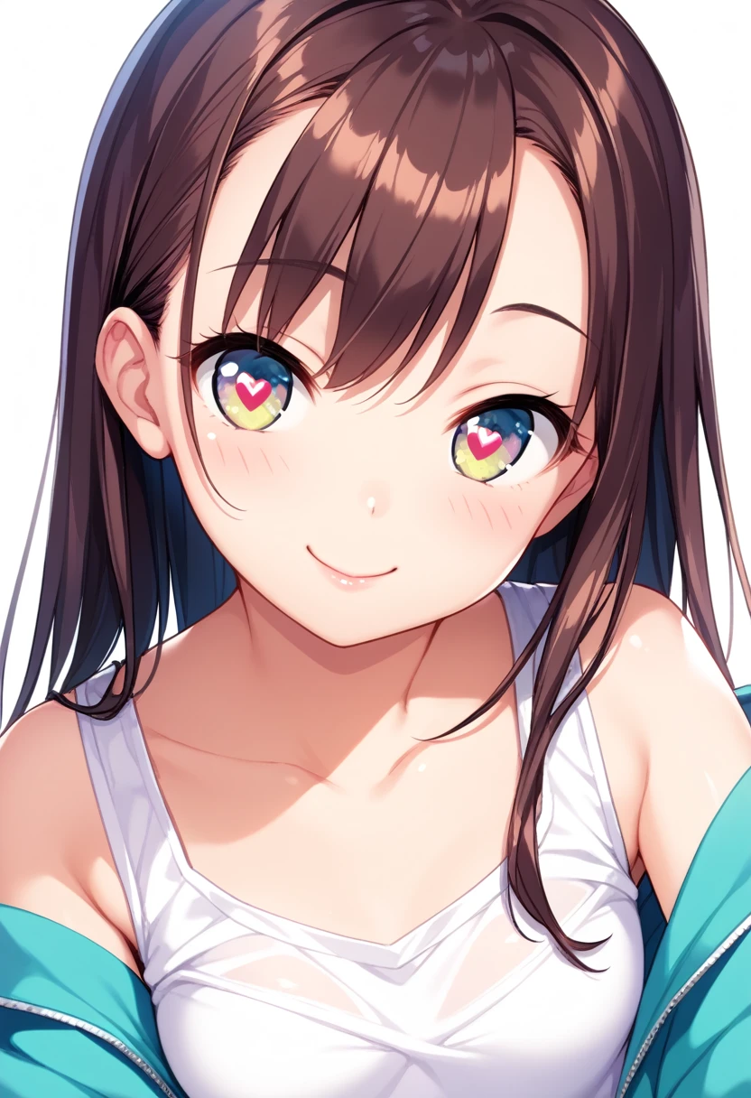 1girl, hand on own head, young girl, mesugaki, mesugaki smile, Teasing, naughty looks, heart eyes, tidy, Focus on the girl, glossy skin, oily skin, Close-up of the face, Masterpiece:2, Top Quality, high Quality, Very Detailed, ultra  High Resolution, super High Resolution, Beautiful Detail, Dynamic angles, perfect lighting, 8k, Animation Style,  cartoon style, game cg, sfw, 