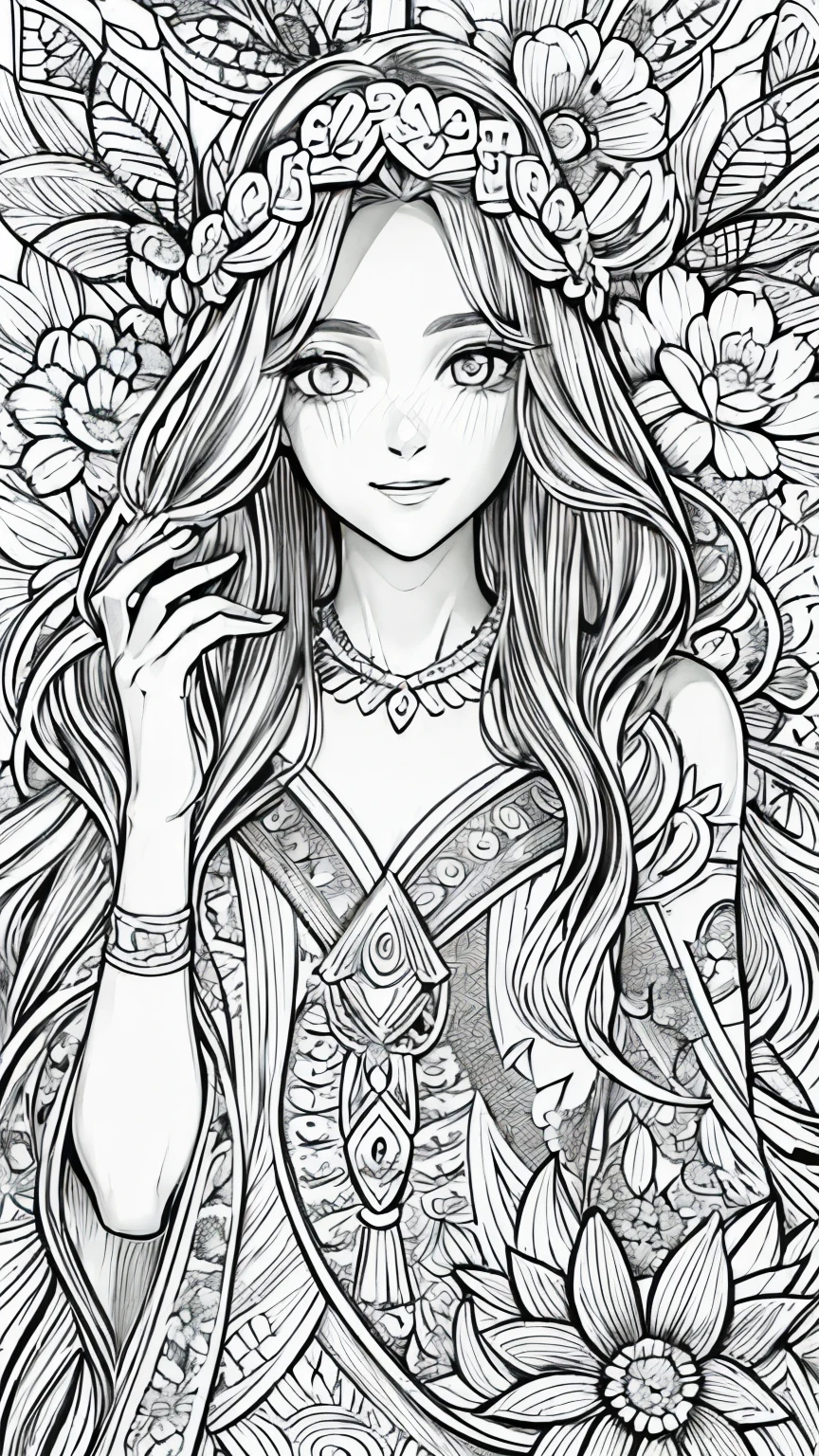 (Black and white coloring book:1.5), masterpiece, Highest quality, (Detailed Background), High Contrast, Highly detailed face, ((Eyes are clearly defined)), smile, Free-spirited bohemian style maxi dress, Floral motif, Line drawings without color or shading, Beautiful line drawing, The outline is a thick line, Hair is white, Skinny