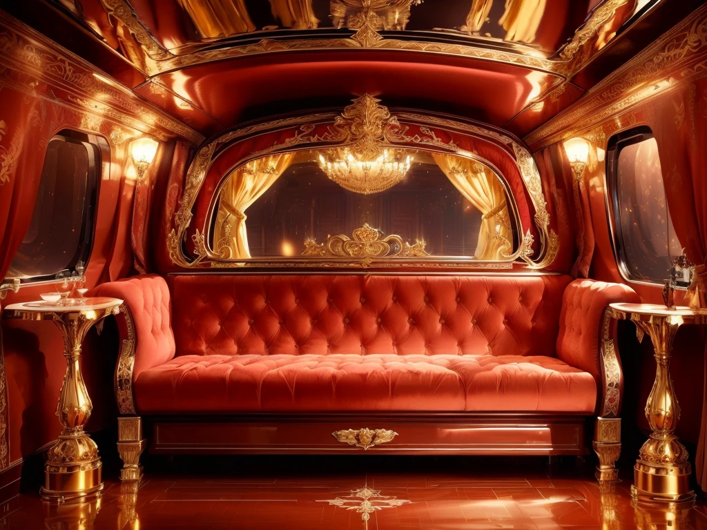 (masterpiece),(highest quality), highres, (extremely detailed), (best lighting) a close up of a luxurious crimson couch in a room with a window, royal interior, carriage, extremely opulent, baroque, elegant golden silk curtains on all windows, elegant and ornate, gold and luxury materials, floral pattern ceiling, dark wood reflective floor, night sky view from windows, exquisitely designed throne room, symmetrical environment, red and golden color details, high end interior, luxurious environment, neo - gypsy caravan, in majestic, elegant interior, by Julia Pishtar