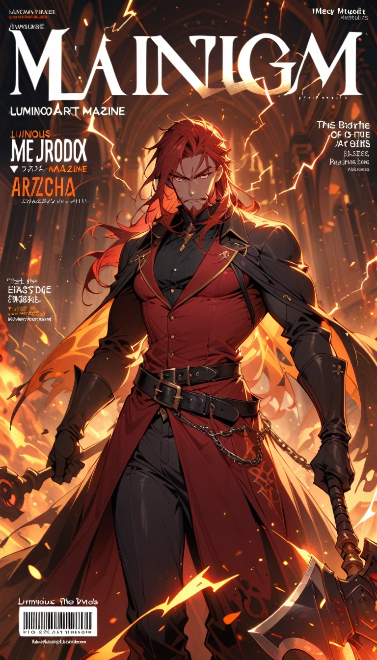 ((Best quality)) , ((masterpiece)) , (detailed)，axe, 1 boy, male focus, an aristocrat, luminous меч, holding, beard, luminous, solo, weapon,  facial hair, muscular, fire, holding weapon, chain, I look at the viewer, long hair, lightning, muscular male, Red hair, magician, cloak, belt, feet behind the frame, standing, battle axe, electricity,(((magazine cover，Title，barcode，Large characters)))