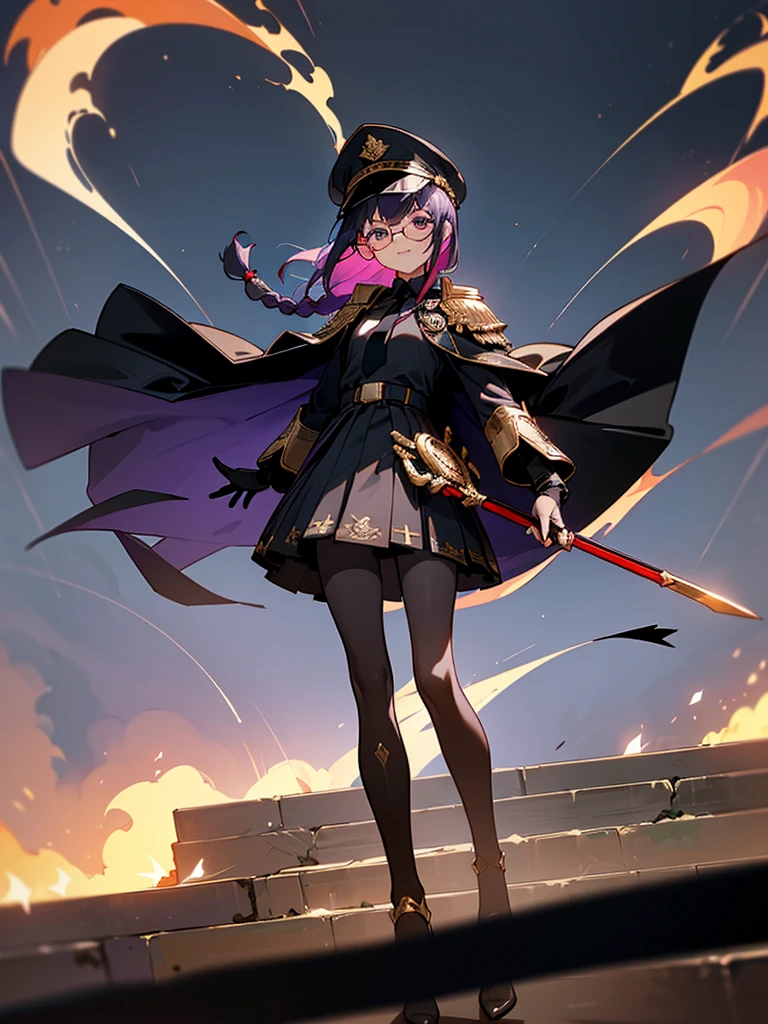 realisitic, City Deserted, Pile of rubble, Brick building, a one woman (18 years old, far away blackw hair, far away slits, Eyes red, glare eyes, 精致的面容, standing (In floor, feet shoulder-width apart), Lolita style military uniform (blackw base, Red Insert, golden decoration, volantes, wide sleeves, dainty and delicate detailing armors), blackw far away gloves (blackw, Red Insert, golden decoration, small hands, armors), blackw far away gloves, knee high boots (blackw, high-heels, red soles), ha (blackw, aba dourada, shield emblem, delicate details), arms in front, Front of belly, Holding military swords with both hands (blackw, golden decoration, delicate detail, Handle at the top, Ground-facing blade, in front of the body, far away), night sky (blackw, stele, Increased flames and smoke) Pale painting style, One Girl, super high quality, Super Detail, Super Detailed image, long hair, looking at viewer, skirt, shirt, hair ornament, violet eyes, gloves, round glasses, long sleeves, hat, closed mouth, jacket, violet hair, braid, open clothes, necktie, black gloves, black skirt, uniform, single braid, open jacket, black jacket, black headwear, 手链, Peaked cap, black necktie, cropped jacket, military hat, pantyhose, Flat Chest, smile, Black Cape