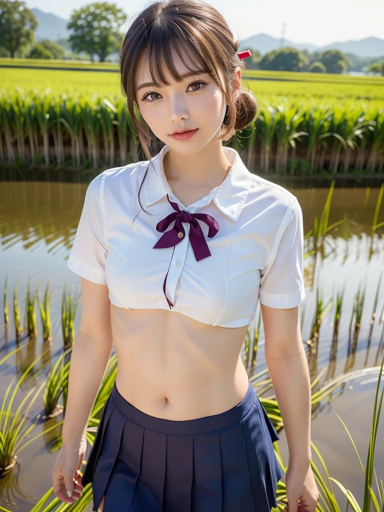 ((Best of the highest quality, 8k, Masterpiece, raw photo: 1.2)), (Sharp focus: 1.2), (1 AESPA, slim body type female, 21 y/o: 1.1), (solo: 1.28), (realistic, photo-realistic:1.37), face focus, cute face, finely eyes, (droopy eyes: 1.32), (Emphasize prominent aegyo-sal with bright: 1.2), shimmering eyeshadow applied under the lower lash line, paired with thick, (small breasts, flat chest, Thigh: 1.3), (short messy hair, bangs, updo: 1.28), (school uniform, ribbon, bra: 1.32), walking in river, (rice field, paddy field: 1.1), flower, (from below: 1.18)