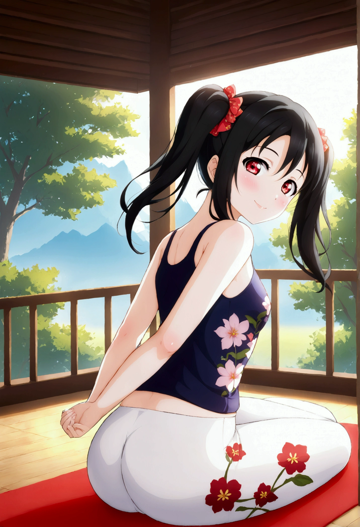 masterpiece, best quality,yazawa nico, black hair, twintails, red eyes, volumetric lighting, illustration, beautiful, tight , Blushing, breasts, looking at viewer, flowers printed tank top, yoga pants,solo, curvy body,floral print, spread legs, seductive , drooling, (arms behind back, head tilt:1.1),(breathtaking scenery:1.1), tree, blushing full body shot, pov, from above, moaning 