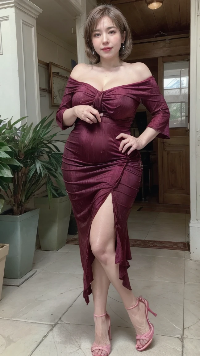 (Attractive mature 65 year old woman:1.5), (Wrinkles around the eyes: 1.5), (She has many wrinkles on her face:1.4), (Her chest has many wrinkles..4),old woman, Fine wrinkles (old woman in Japan), ((Chubby body type:1.3)), Voluptuous body, Plump figure, (The most elegant and beautiful very long wavy hair:1.1), (((masterpiece)),(((Highest quality))),((Character design sheet)),Thin thighs,Long legs,Highest quality,masterpiece,Ultra-high resolution,(Actual:1.4),Original photo,Ultra-high resolution,8k,There are also women,Fair skin,Greek Temple,medium purple dress:1.5,High heels,Long legs:1.5,Bright and beautiful,high waist,Flashy makeup using red eyeshadow,Large ring earrings,Lively poses,