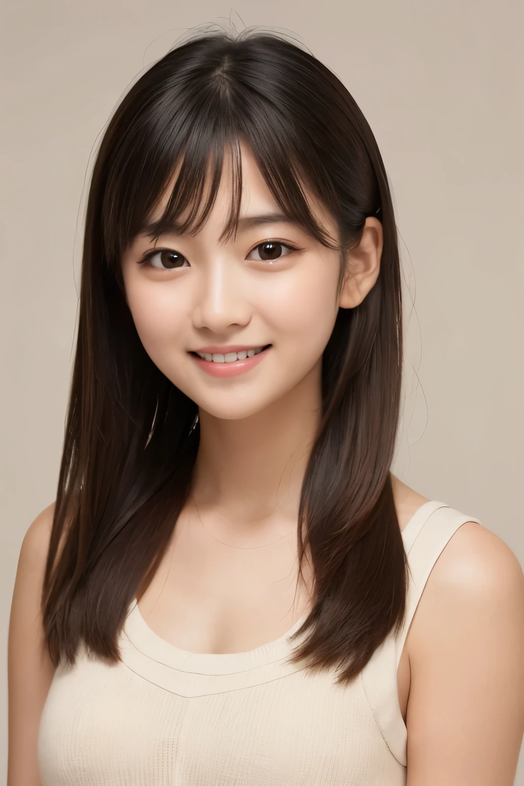 (A photo of your face:1.25), 6 years old, (Baby Face), (Round face), One Japanese woman, beautiful girl, Pretty face, (View your audience), (Standing facing the camera), (smile), (Beige tank top)、(Pure white background:1.2)、Mouth closed