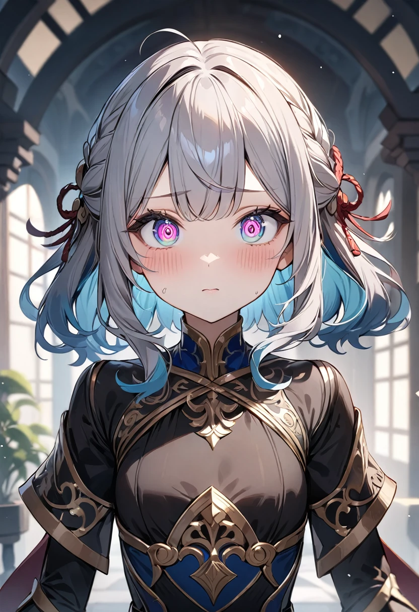 (masterpiece, top quality, very aesthetic, 4k、illustration), intricate detail, 1girl,Standing 、(upper body)、clear face、(Swirling eyes:1.3),Cute 、Random Hair Color、,middle hair,sidelock ,Random Color　eyes、ninjaarmor clothes、small breasts、Slim 、