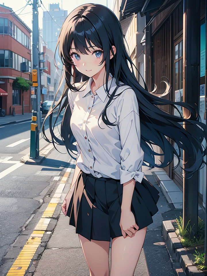 Long hair动漫女孩, Cute girl anime visual, Anime cute art style, Animated visual of a young woman, Attractive anime girl, Smooth anime CG art, Charming anime girl, Best Girl in Anime, Young anime girl, Beautiful anime high school, Ilya Kuvshinov（Ilya Kuvshinov）Long hair, Cute anime girl，（Beautiful sister:1.3）、Long eyelashes、Smiley Face,The breath of spring，Black skirt、Shining eyes、Light blue Y-shirt，Medium build，Long hair披在肩上，Cute woman，on the street