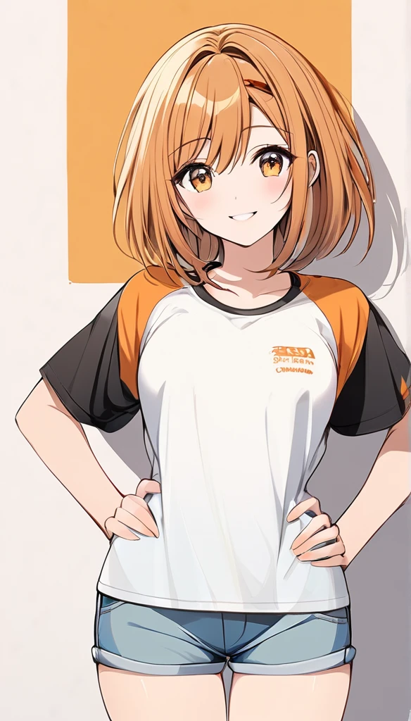 1 girl、Cowboy Shot、Simple T-shirt、light blue medium hair、Beautiful brown eyes、Orange Hair Clip、Flat Chest、smile、Please put your hands on your hips、Shorts