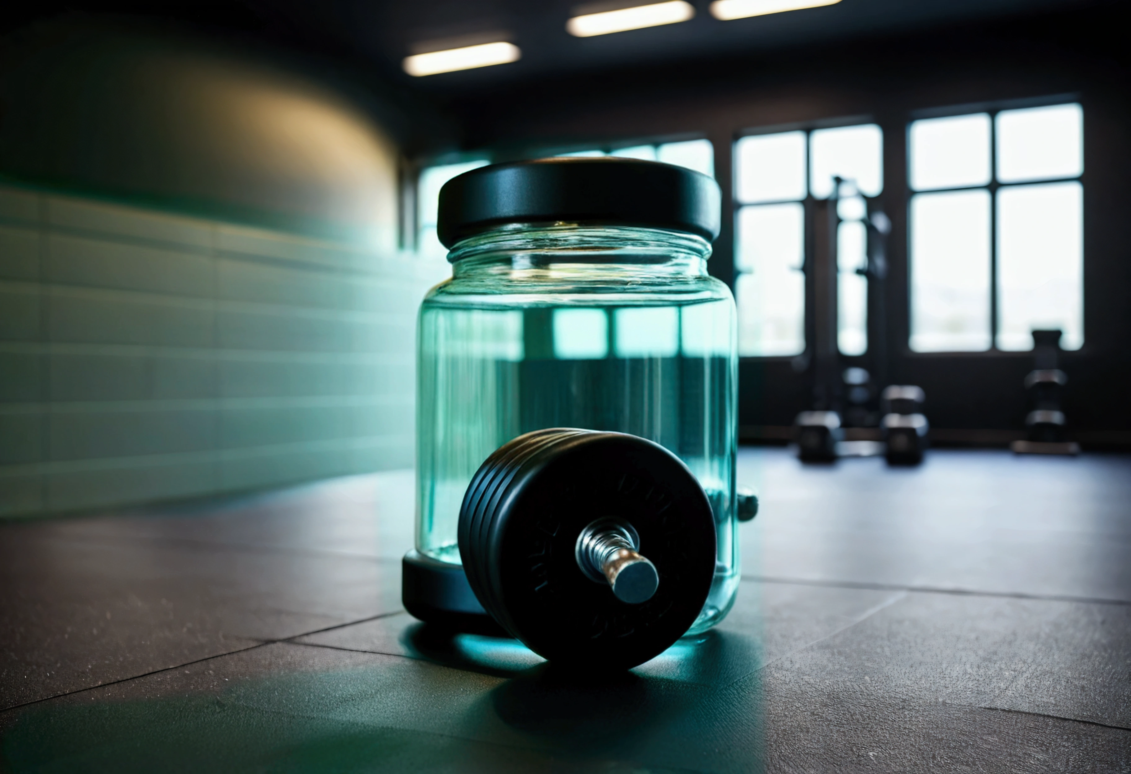 Change the wall on the left, and remove the jar, place a pair of dumbbells instead of the jar