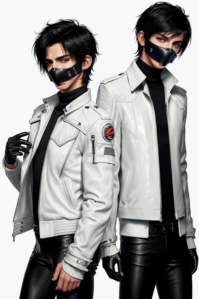 Final fantasy taste and reality graphics, ((two Japanese young cute and cool ikemen  boys)), both age is early 20s, thin eyebrows and beady eyes, ((two boys, must be same all clothes)), ((boys must wearing off white color leather, thick and heavy material jacket)), ((jacket is single-brest)), , ,((with epaulet)), ((jacket is long sleeves)), ((zipped up, front of the leather jacket)), , ((voluminous leather jacket)), ,((jacket is must high length and stand-up collar)) ((jacket collar with two belts)), ((jacket is a little black color line pattern)), ((two boys also wearing black thick material turtleneck lackluster shirts)),  ((two boys wearing tight black color long leather pants)),  ((two boys put black leather tight and thin gloves on both hands)),((leather gloves is covered all full fingers)), ((two boys wearing black leather knee-high raceup boots)),((must views  head-to-toe)),((must views whole body)), ,((Do not show skin from the neck down)),leather jacket leather glove and leather pants have few wrinkles, Avoid showing your innerwear,zip up jacket fastner.must put on a leather glove.
boys looks like fashion model.
((Gay boys relationship)),((two boys hold hands)),((two boys kissing gasmask-to-gasmask))
((Two boys put on black color gasmask,only covered nose and mouth area)),