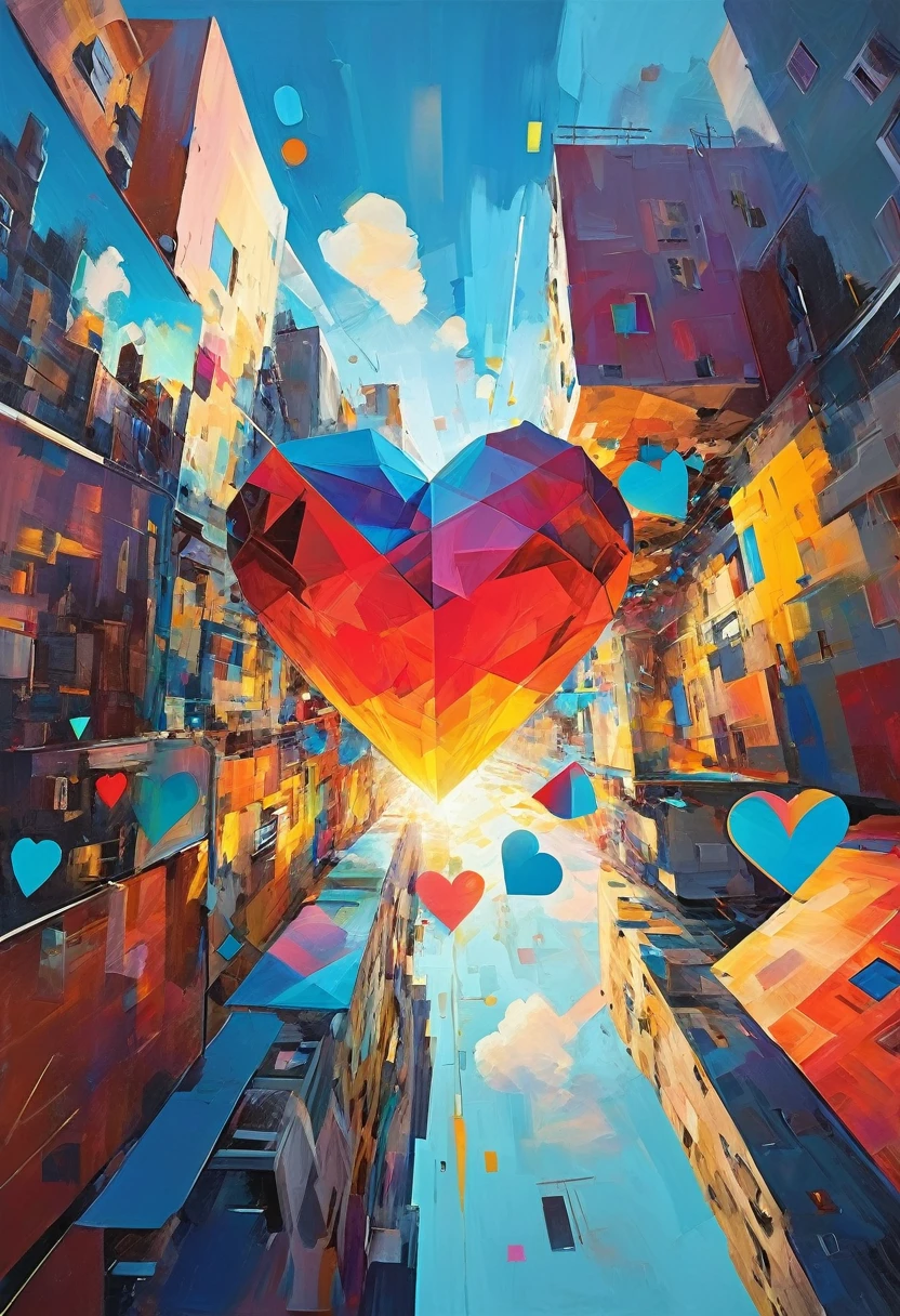 "Visualize a cubist interpretation of a heart, floating through the sky above a lively and dynamic street. Break down the shape of the heart into geometric shapes and fragmented planes, To capture its movement and energy in a unique and abstract way. Incorporate bold colors and sharp angles, to convey a feeling of movement and tension. Play with perspective and layering, to create a multidimensional composition, which questions traditional notions of space and form. Be inspired by the avant-garde spirit of Cubism and see nature in a fresh and innovative light.. Unleash your creativity, as you bring this imaginative scene to life on the screen