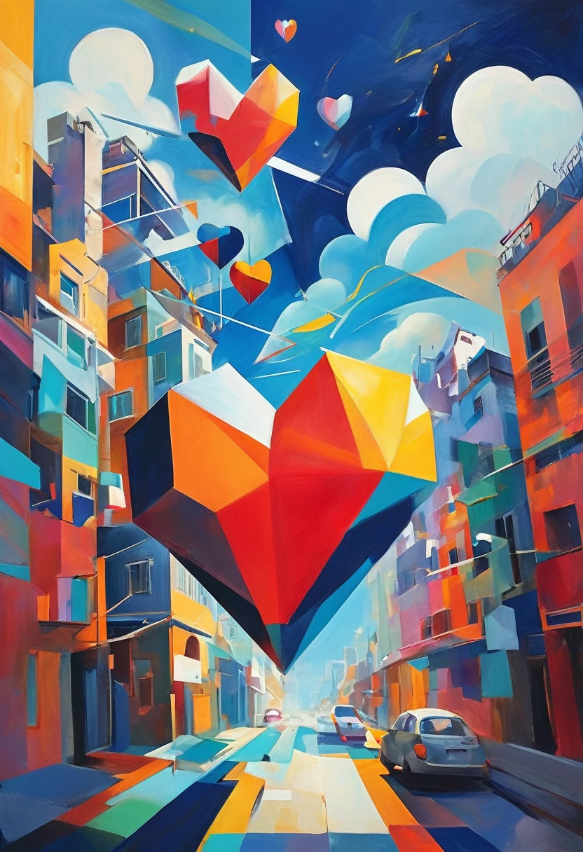 "Visualize a cubist interpretation of a heart, floating through the sky above a lively and dynamic street. Break down the shape of the heart into geometric shapes and fragmented planes, To capture its movement and energy in a unique and abstract way. Incorporate bold colors and sharp angles, to convey a feeling of movement and tension. Play with perspective and layering, to create a multidimensional composition, which questions traditional notions of space and form. Be inspired by the avant-garde spirit of Cubism and see nature in a fresh and innovative light.. Unleash your creativity, as you bring this imaginative scene to life on the screen