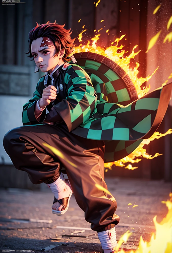 Kamado Tanjiro,(Kimetsu No Yaiba),Full Style,Ultra High Quality,Ultra High Resolution,Photograph 8K,Holding a Sword,Ultra Detailed ,Demon Hunter Suit,Hino Kami Kagura Teknik