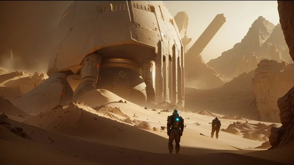 araffes in a desert with a giant object in the background, a huge robotic hand buried in the sand, scene from dune movie, film still from dune 2020, film still from movie dune-2021, unreal engine 5 render dramatic, in an arena in movie dune-2021, ps5 cinematic screen capture