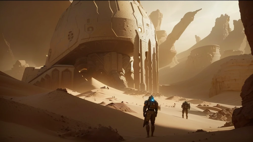 araffes in a desert with a giant object in the background, a huge robotic hand buried in the sand, scene from dune movie, film still from dune 2020, film still from movie dune-2021, unreal engine 5 render dramatic, in an arena in movie dune-2021, ps5 cinematic screen capture