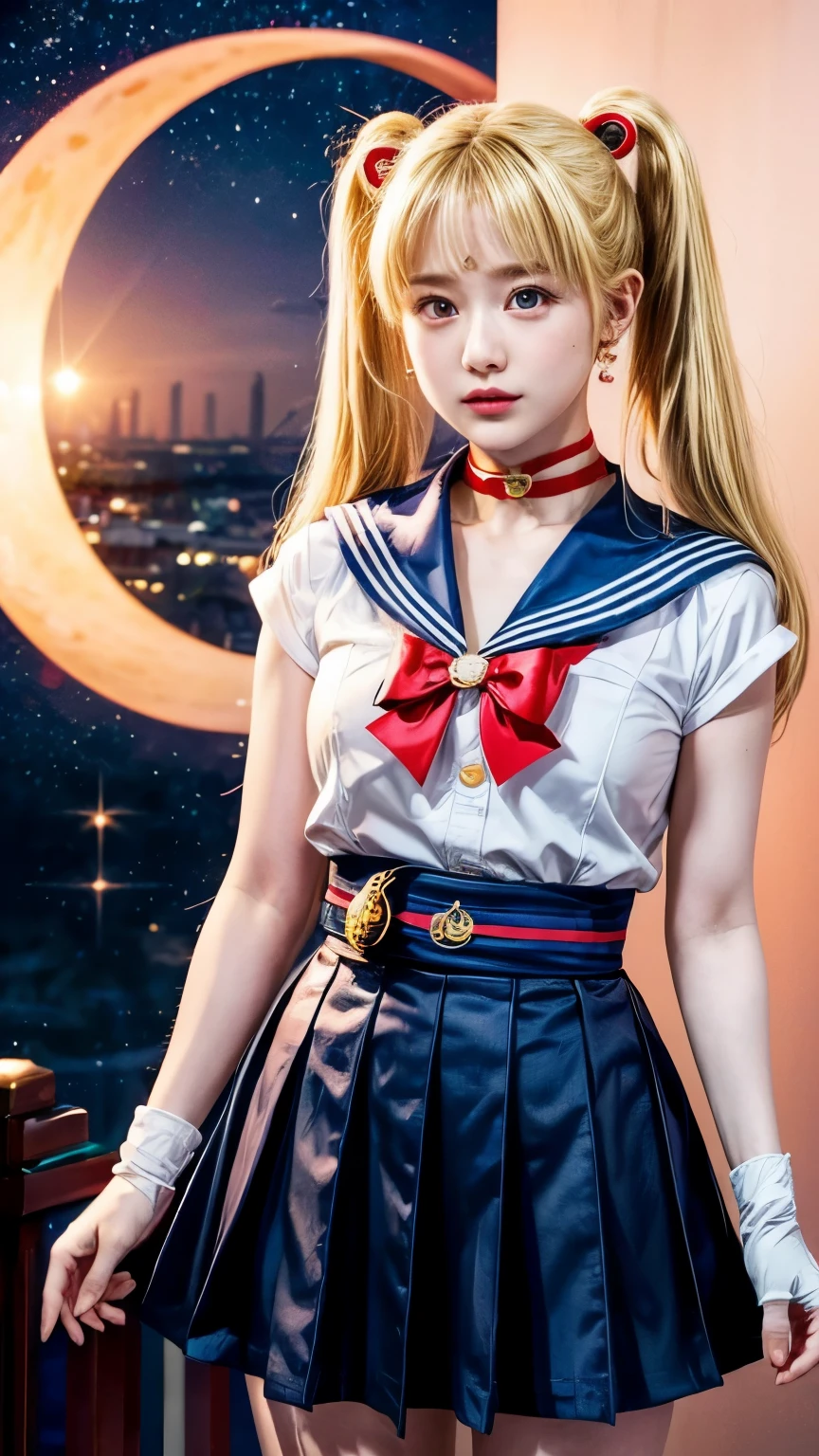 masterpiece、high quality、High resolution、Realistic、professional lighting、Japanese、woman、young、White skin、slender、Sailor Moon, Usagi Tsukino, Sailor Warrior Uniforms, Red choker,Blue Collar, Red ribbon on chest,White gloves,red ribbon on waist,Very short skirt, Blue Skirt, Red knee boots,Crescent Earrings,whole body, One Girl, only,  Long Hair, Twin tails, Twin Chinese bun, (((Blonde))), Big eyes, Blue pupils, cute, So cute, beautiful, wonderful, gem, Night Sky, Starry Sky, Perfect Face, Perfect Skin, Crescent moon on her forehead, Skirt up, Showing her ass