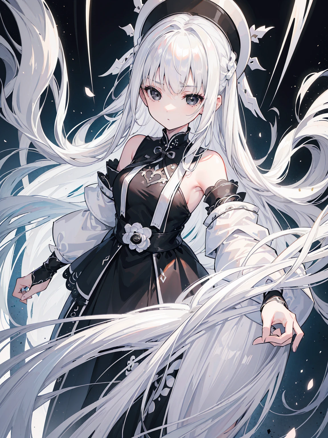 (Top image quality)、(Very detailed)、(Facing forward)、Top quality、masterpiece、(((1 girl )))、Silver Hair、White hair、((Long hair))、Weaving、(black eyes:1.6)、(White and black cheongsam)、Hooded dress、Lots of decorations、Lots of ribbons、White Ribbon、ruthless、dignified、Fluffy loose hair