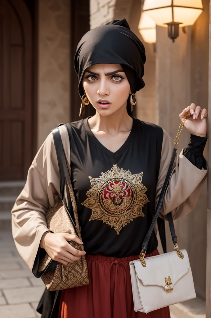 Taz mania with angry face, wearing Arab clothes and holding bags of money