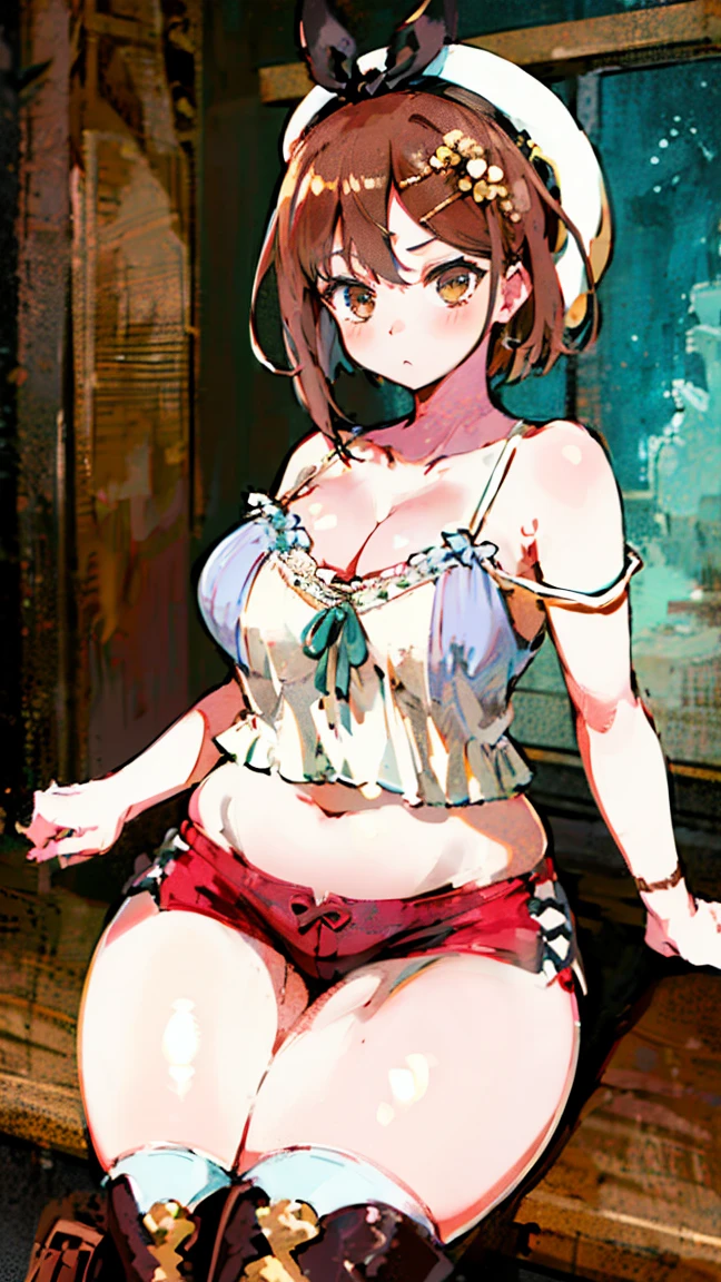 (Highest quality, 8k, masterpiece :1.3),Lizaリン・シュタウト(Lizaのアトリエ),Liza, One woman,Large Breasts,short hair,Brown Hair,hair band,Clothing,hat,White shirt,White camisole,Red shorts,Brown long boots,nsfw,Plump body,Thighs,,Armlock,