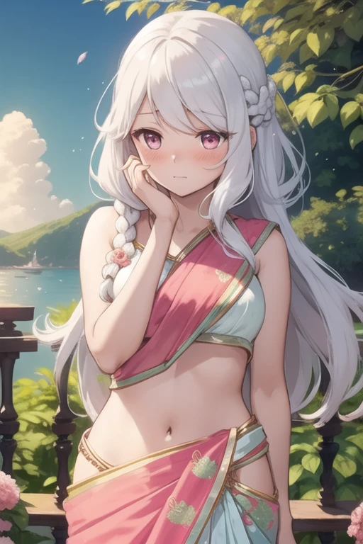 Shy anime girl wearing Indian dress (saree) while trying to hide her face with her hair , beautiful, cute , blushing , garden background, long white hair, smooth like sea wave , ager (19) , with pink saree