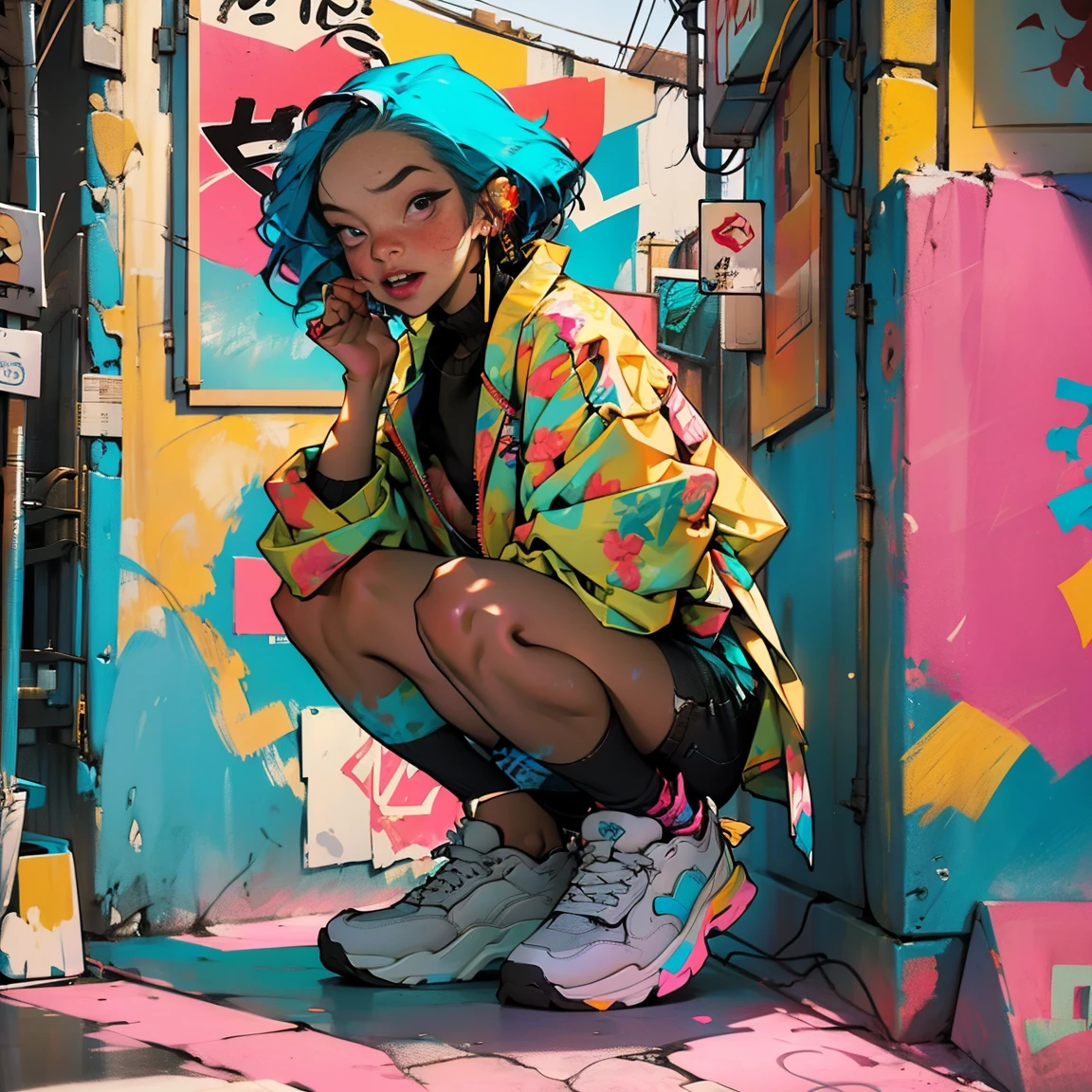 (high resolution:1.2),ultra detaild,realisitic,sharp focus,colorfully,walls covered in graffiti,street artistryist girl,vibrant clothing,singing passionately,energy performance,street artistry backdrop,urban atmosphere,busy street scene,Unrest, expressive facial expressions, dynamic pose, original accessories, confident stage presence, fashion style that attracts attention, unique street style, City nightlife, illuminating neon lights, street fashion culture, youthful energy, crowd screaming, positive vibes, artistry, Stylish Sneakers, graffiti urban culture, paint-stained streets, urban talent showcase, bright coloured, attractive images, high energy performance, electric atmosphere, Musical Expression, Urban lifestyle