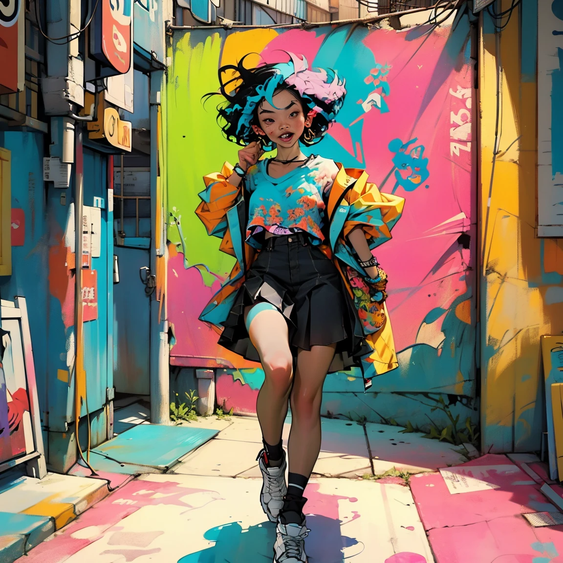 (high resolution:1.2),ultra detaild,realisitic,sharp focus,colorfully,walls covered in graffiti,street artistryist girl,vibrant clothing,singing passionately,energy performance,street artistry backdrop,urban atmosphere,busy street scene,Unrest, expressive facial expressions, dynamic pose, original accessories, confident stage presence, fashion style that attracts attention, unique street style, City nightlife, illuminating neon lights, street fashion culture, youthful energy, crowd screaming, positive vibes, artistry, Stylish Sneakers, graffiti urban culture, paint-stained streets, urban talent showcase, bright coloured, attractive images, high energy performance, electric atmosphere, Musical Expression, Urban lifestyle
