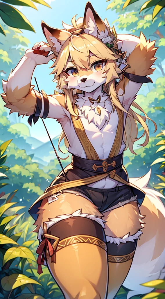 Wolf Boy,Wolf-eared boy,bow箭手少年,Hunter Junior,furry,furry,hairy,Blonde hair all over,Golden fur,Golden fur,绿色bow箭手服装,Long hair,blond,hunter costume,hunter costume,furry,白色丝绸Knee socks,Knee socks,蕾丝花边Knee socks,Lace style decoration,shorts,蕾丝花边shorts,运动shorts,皮革shorts,Big Ass,Pseudo-sissy ass,femboy,绿色hunter costume,Forest Background,Jungle Background,Outdoor Background,bow,手持bow,Archery pose,Archery pose,手持bow,bow箭,flat chest,Chest wrap