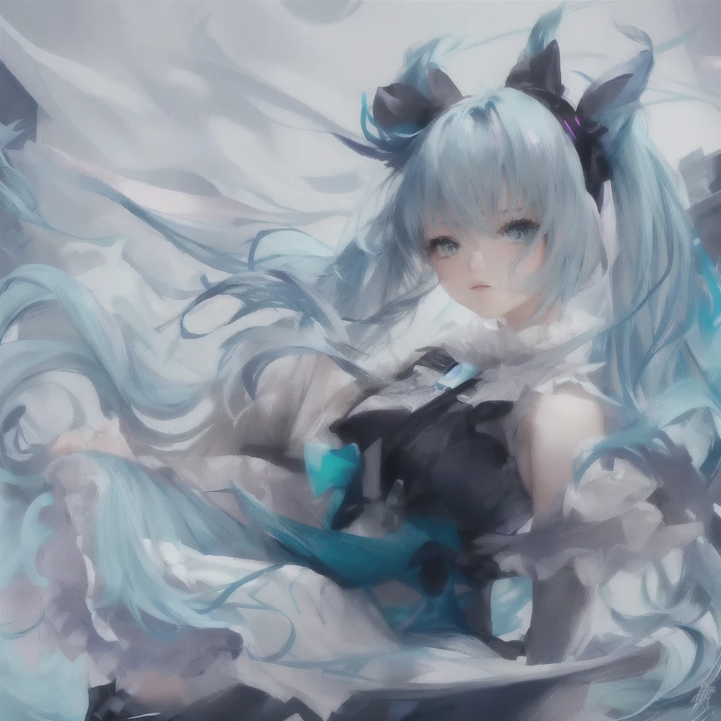 Anime girl with blue hair and black cat sitting on bed, digital art on Pixiv, Anime Style 4k, Anime Art Wallpapers 8K, by Shimo, anime art wallpaper 4k, anime art wallpaper 4k, trending on artstation Pixiv, Pixiv contest winner, guweiz on Pixiv artstation, Pixiv, ゼロチャンアートLet's start with a base illustration of a young female character.
Adjust the hair color to Hatsune Miku's iconic turquoise blue.
Style the hair to be very long, reaching below the waist, in twin tails. Ensure the twin tails are evenly balanced and neatly wrapped at the top.
Give the hair a glossy appearance and a slightly voluminous texture.
Create a youthful and cute facial expression with large, expressive eyes. The eye color should be a bright shade of blue.
Give her a characteristic slim and  body frame.
Remove the distinctive outfit consisting of a sleeveless top, tie, and pleated skirt. Include shades of teal and black in the color scheme.
Include signature accessories such as a futuristic headset, microphone, and detachable sleeves.
Optionally, add knee-high boots or thigh-high socks in matching color tones.
Provide a background that complements the aesthetic, such as a futuristic cityscape or a concert stage with colorful lights.
Please note that due to the complexity of the instructions, it may be challenging for an AI to accurately generate an image based on the exact specifications provided.
Please draw it in a sketch-like style, resembling an idea sketch.
A drawing that looks like it was done with a pencil. A picture drawn in a messy manner. A drawing done with hesitation.Soft Joints - Dancer's Joints - Twisting the Hips Dramatically - No Use of Black in Outlines - Pink Illumination - Lowered Gaze - Slender Eyes - Puffy Cheeks - Visible Abdominal Skin - Hair Color is Aqua - Hair Doesn't Turn Green - Employing Light Pastel Colors for Outlines.