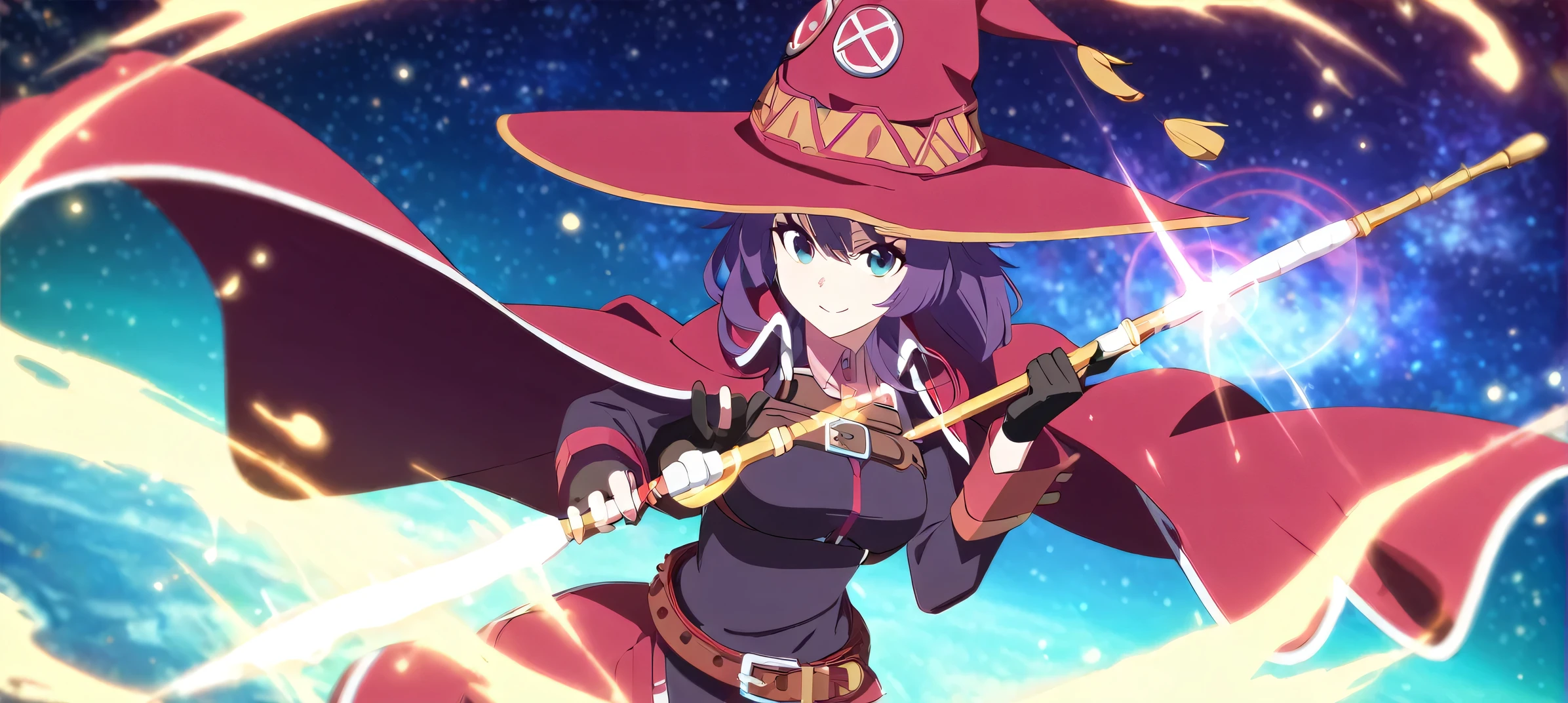 Anime girl,HD,Space Planet Background,Japanese Flag,Purple Long Hair,dark green eyes,Red Witch Hat,Red Cloak,Red long boots,medium breasts,leather belt,1girl,female,beautiful,black glove,Magic wand,aura effect