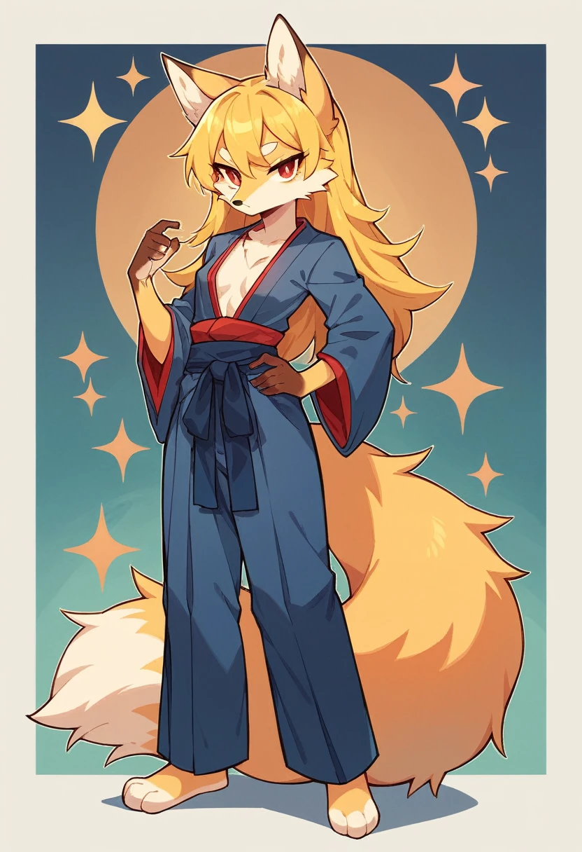(full body,,The left hand is on the hip),((The right hand is out in front,Nine-tailed tail,,)),small breasts,Adult female fox, Furry, Golden fur, Golden facial fur, long golden hair, The hair on his hands is golden, Golden yellow hair on the back of the hand, Light-filled eyes, Red eyes, Brown elements of fur,Dark blue kimono,Dark blue hakama,Very fine fur, Fluffy tail,