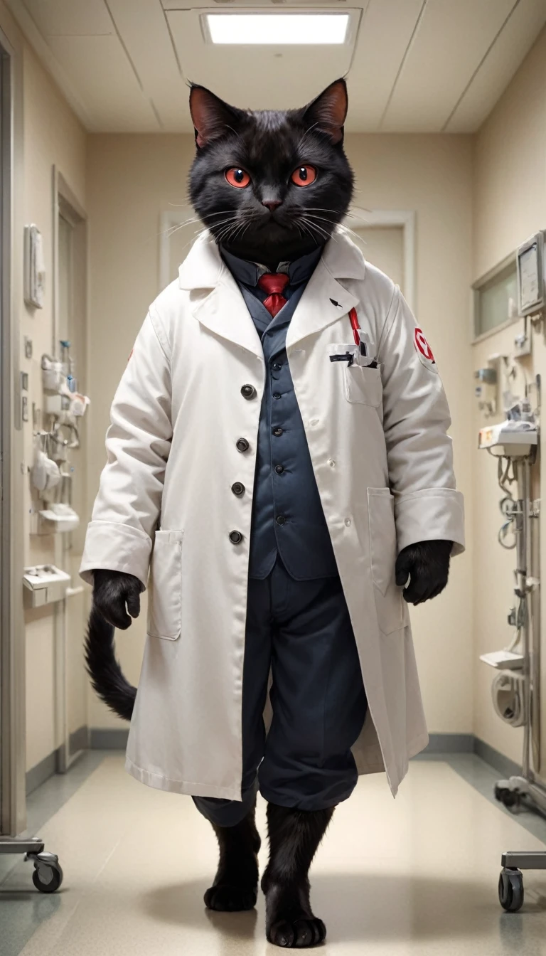 small, かわいいto be born生き物, Wearing a white coat、 whole body,small , Are standing, Costume, Hospital room、 Fantasy art, Exquisite detail, Jean-Baptiste Monge Style, office、Alan Lee Style, Anthropomorphic, Fat, Black cat with big red eyes, Movie Scenes, Dramatic shot angles, , Realistic, to be born々Stunning cinematic photorealism, Action Portrait, 8k, detailed, Full Frame、defeat、Falling