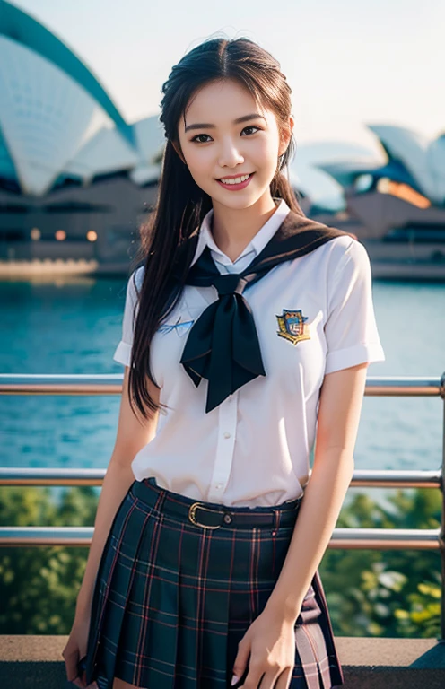 (a pair of beautiful eurasian ladies posing at Sydney Opera House, early 20s age, (((full bodyesbian))), ((Girls' High School Uniforms)), short_bob_hair, ponytail, Dimples, friendly & kind smile, snaggle-tooth, realistic skin textures, healthy body proportion, hyper-realism, photorealistic, beautiful detailed eyes, high contrast, ultra HD, top image quality, fine details, very meticulously, masterpiece, the_cowboy_shot, bokeh background, Windy morning dawn)