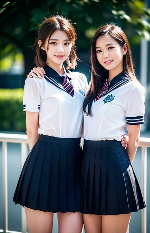 (a pair of beautiful eurasian ladies posing at Sydney Opera House, early 20s age, (((full bodyesbian))), ((Girls' High School Uniforms)), short_bob_hair, ponytail, Dimples, friendly & kind smile, snaggle-tooth, realistic skin textures, healthy body proportion, hyper-realism, photorealistic, beautiful detailed eyes, high contrast, ultra HD, top image quality, fine details, very meticulously, masterpiece, the_cowboy_shot, bokeh background, Windy morning dawn)