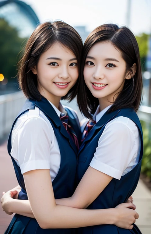 (a pair of beautiful eurasian ladies posing at Sydney Opera House, early 20s age, (((full bodyesbian))), ((Girls' High School Uniforms)), short_bob_hair, ponytail, Dimples, friendly & kind smile, snaggle-tooth, realistic skin textures, healthy body proportion, hyper-realism, photorealistic, beautiful detailed eyes, high contrast, ultra HD, top image quality, fine details, very meticulously, masterpiece, the_cowboy_shot, bokeh background, Windy morning dawn)