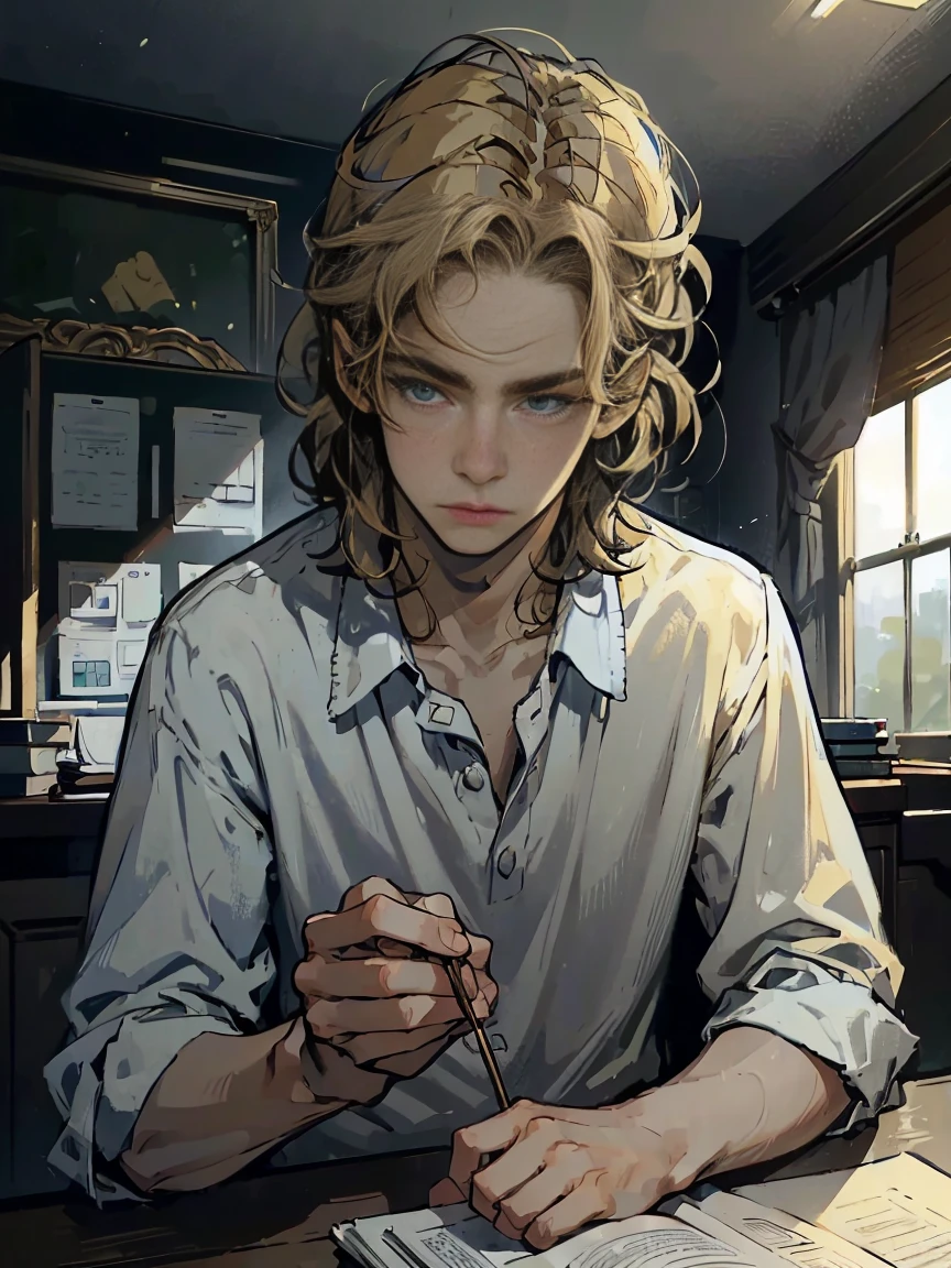 masterpiece, Best quality, realistic, 1 person, quiet and charming young man, bonny, 16 years, closed mouth, high school student, (young ager), botanist, relaxed face, peaceful, extremely detailed face, ((dark gray blue eyes)), ((blonde hair)), accurate, detailed, school, At the desk, educational process