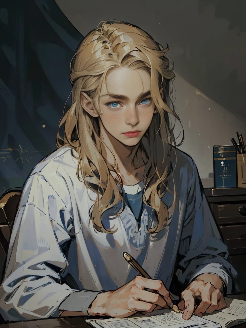 masterpiece, Best quality, realistic, 1 person, quiet and charming young man, bonny, 16 years, closed mouth, high school student, (young ager), botanist, relaxed face, peaceful, extremely detailed face, ((dark gray blue eyes)), ((blonde hair)), accurate, detailed, school, At the desk, educational process