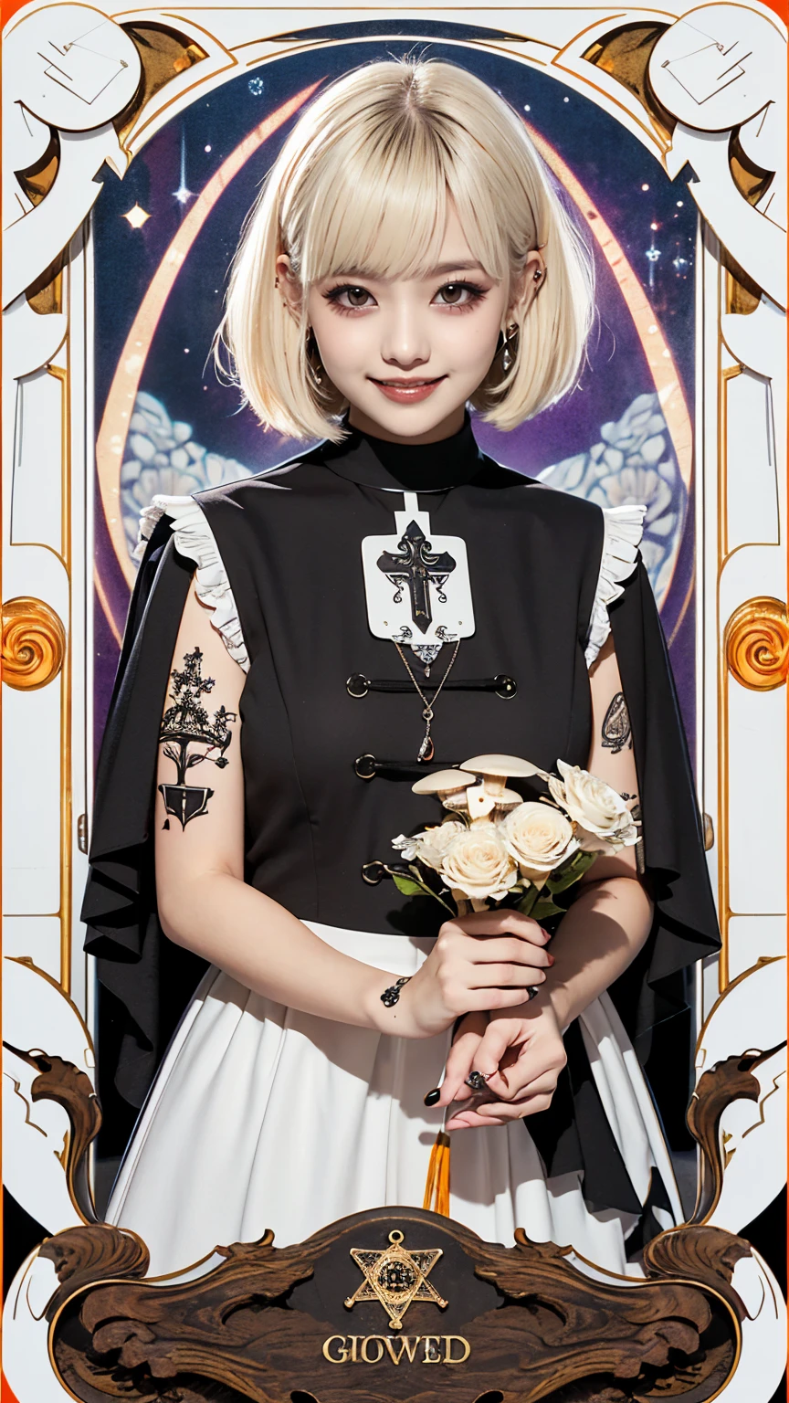 Realistic、A delicate and detailed masterpiece、Highest quality、Highest quality、(Tarot card style:1.3)、Purple Rose Background、One Woman、Upper body photo、(Guided by God、Priest、White costume:1.3)、(Gothic punk outfit:1.3)、(Blonde Hair、Mushroom cut、Short Hair:1.2)、Natural Makeup、Eyelash extensions、Draw eyelashes sharply、Thin eyebrows、Deep orange blush、Grin, Showing teeth、Slightly red cheeks、 female