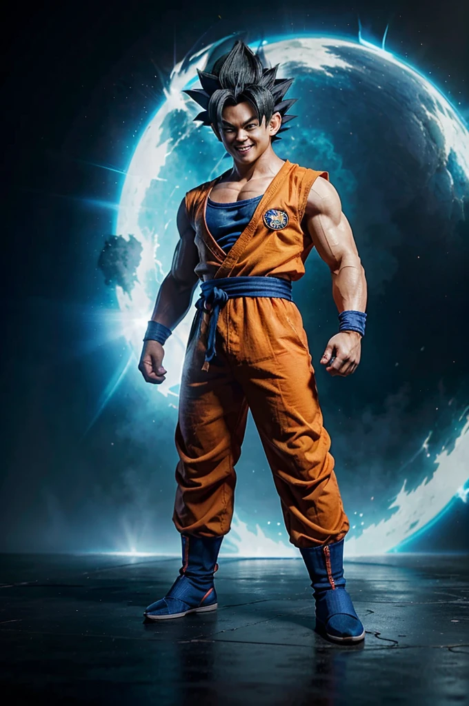Full body of Goku (from Dragon Ball), black hair, wearing a Super Saiyan outfit like Vegeta, standing and smiling happily, blue background, character design in render style. Octane More realistic than expected, extreme characters, extremely realistic characters. on a blue background