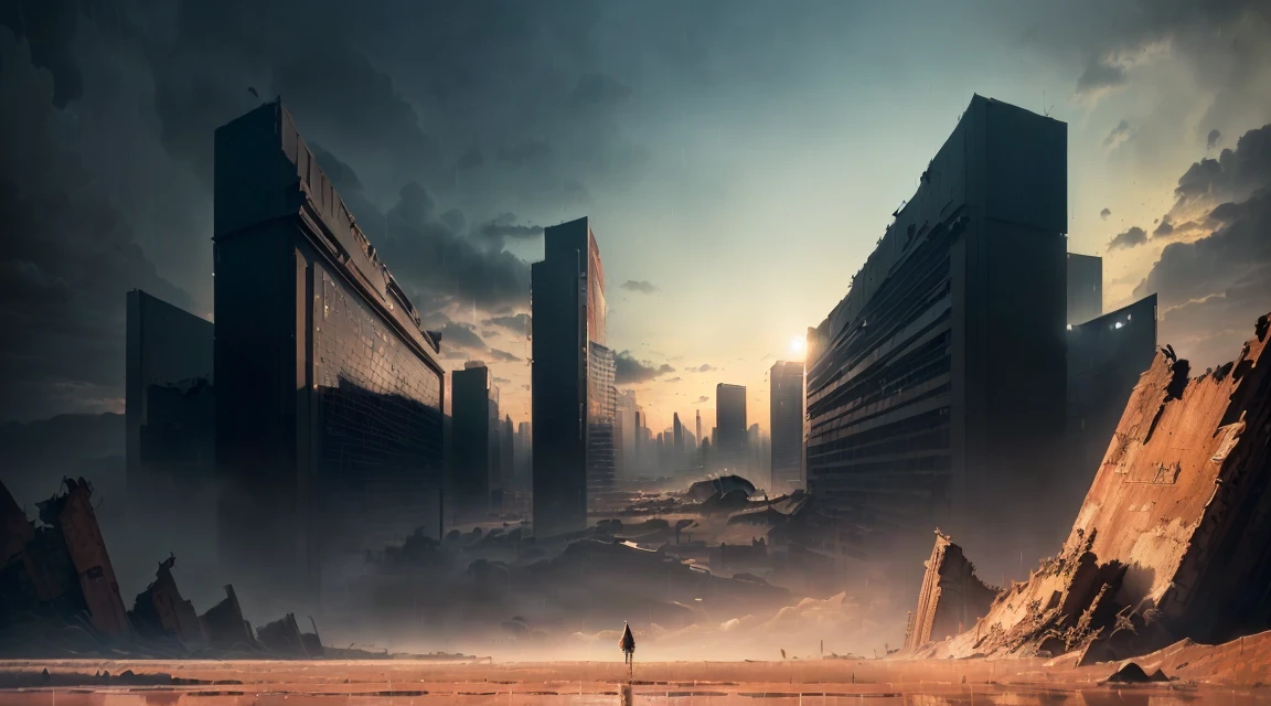 (((Artistic image, Half of the image (Surreal Scene,There's a grand piano in the crumbling wall, Covered grand piano), Half of the image ((Open the abandoned night metropolis,Skyscrapers in the rain), ((Rain in the city):1.5), (Dilapidated skyscrapers), ( Silt-covered high-rise buildings), ( Rusty high rise building), ((Background of DEPH):1.5), Soft architectural details create a dreamy atmosphere, The piano is a symbol of eternal beauty amid decadence., Digital painting with impressionist elements, Attention to detail, Wide-angle shot, Add a mysterious touch to your composition))), (Path traced), (cyber punk), (Post-apocalyptic), 16K, Hyper HD, Highest quality, Maximum resolution, Surrealism |, Super detailed