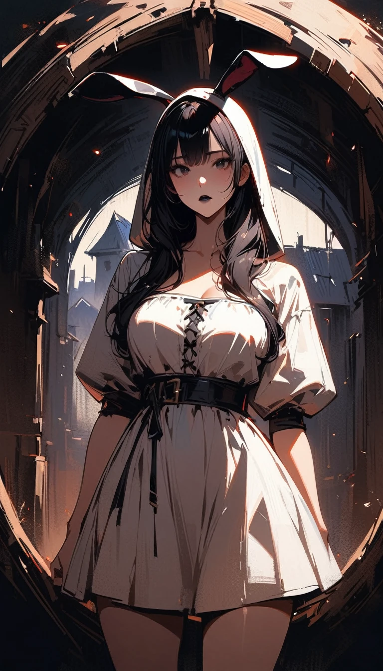 (high quality, 8k, 4K, high contrast, artwork:1.2, high quality, best aesthetics), (centered), ((1 woman)), erotic, sensual, mature body, super detailed, beautiful face detailed, beautiful eyes detailed, detailed beautiful mouth, perfect breats, perfect wide thighs, (long wavy black hair), (black eyes), (serious expression), (piercing gaze), (looking at viewer), (black lipstick), (white medieval peasant dress), (front view), (standing), (black rabbit ears), (inside a simple medieval hut)