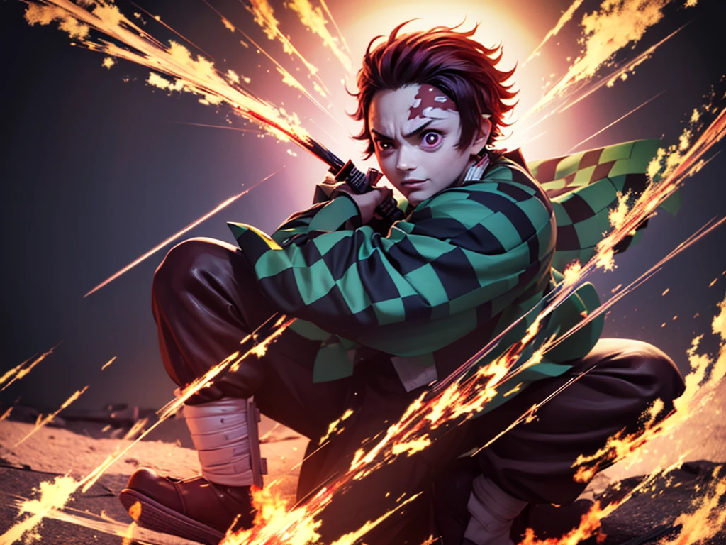 Kamado Tanjiro,(Kimetsu No Yaiba),Full Style,Ultra High Quality,Ultra High Resolution,Photograph 8K,Holding a Sword,Ultra Detailed ,Demon Hunter Suit,Hino Kami Kagura Teknik