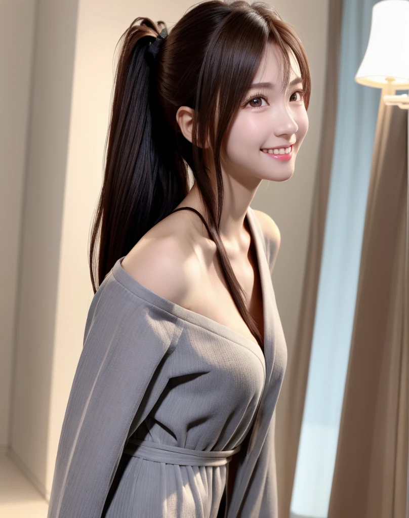 (Best Quality), (masutepiece), (High resolution), (Intricate details:0.2),(Professional Lighting), dressing gown, Detailed background,off shoulders, (Previous view), 1girl in, Solo, (Beautiful face), Slim body, Fine skin, Smile, brown hair in a ponytail, Beautiful eyes, look at at viewer,