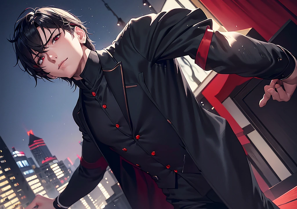 photography of a manhwa sexy man, a solo man, (((man))), ((masculine face)), (manly), 23 years old, handsome, realistic, (red eyes), expressive look, black hair, heterochromia eyes: red left & blue right, rose pale lips, (((dark background))), (((city backgtound))), shine hair, angular jaw, square shaped face, broad shoulders, tall, muscular torso, strong arms, shaven, black suit, black shirt, super detailed face, perfect body, perfect shapes, realistic image, award winning photography, 8k, (((perfect shiny eyes)))