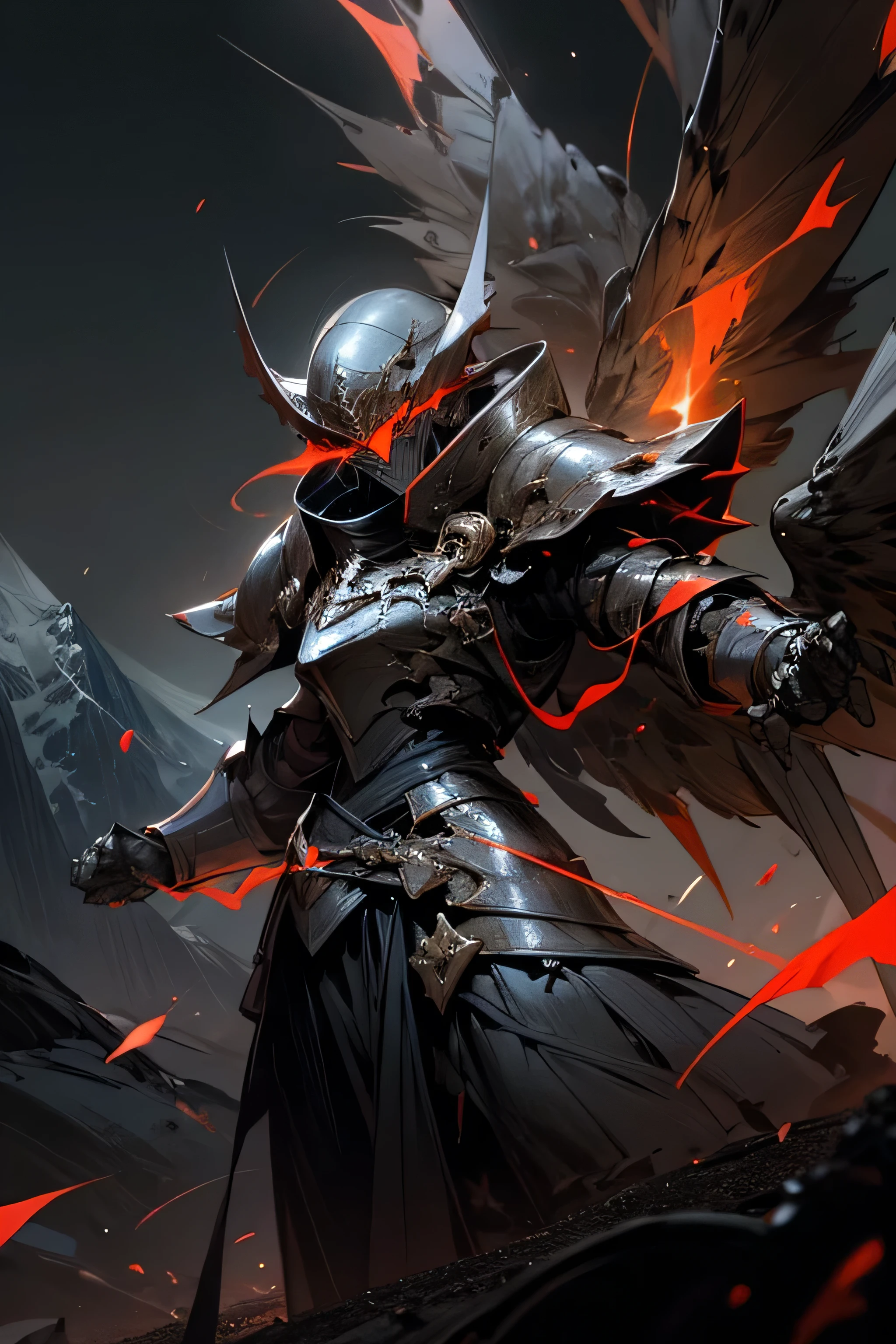 man, dark armor, black aura, armor with red flashes, mountains background, broken wings, horseshoe symbol on the chest, world destroying
